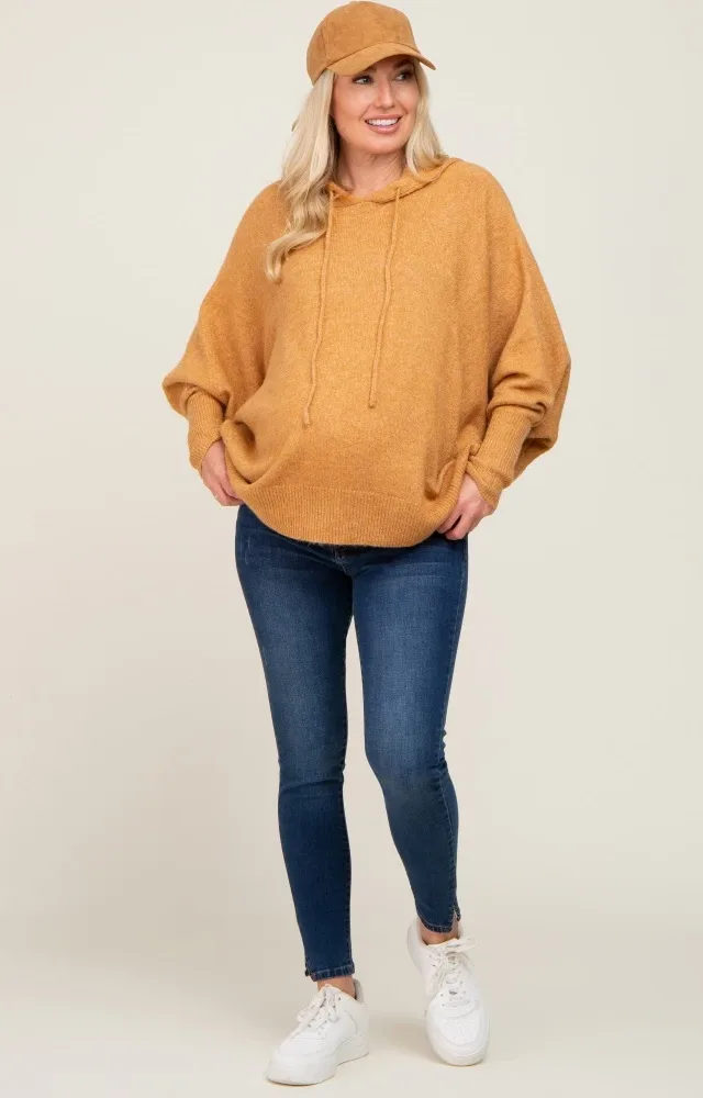 Camel Soft Knit Drawstring Maternity Hoodie