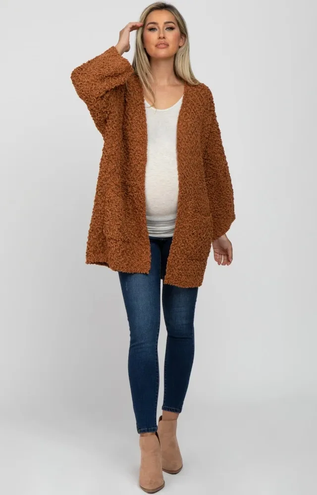 Camel Soft Popcorn Knit Maternity Cardigan