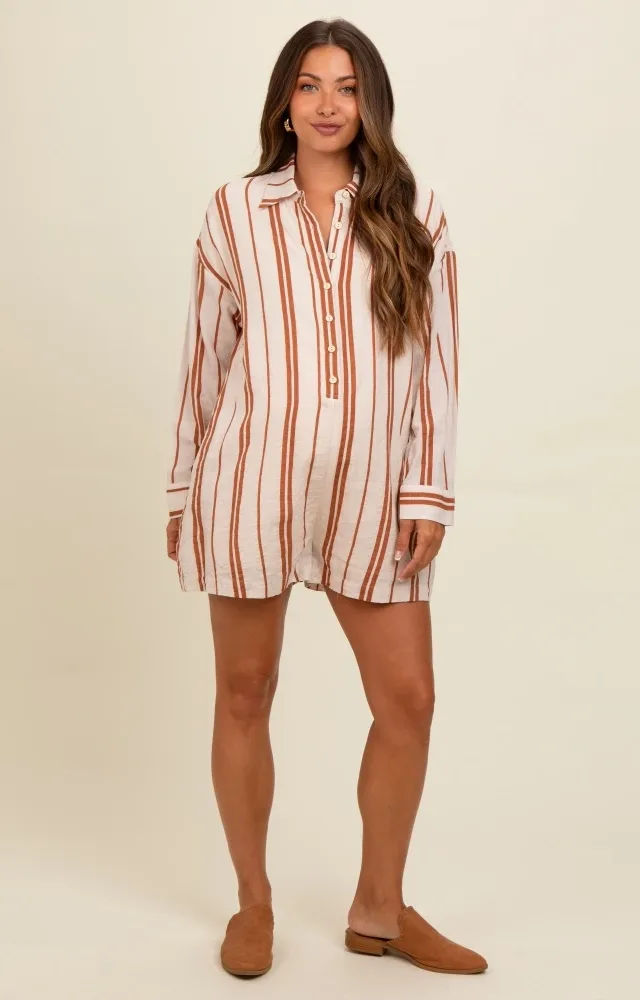 Camel Striped Button Down Maternity Romper