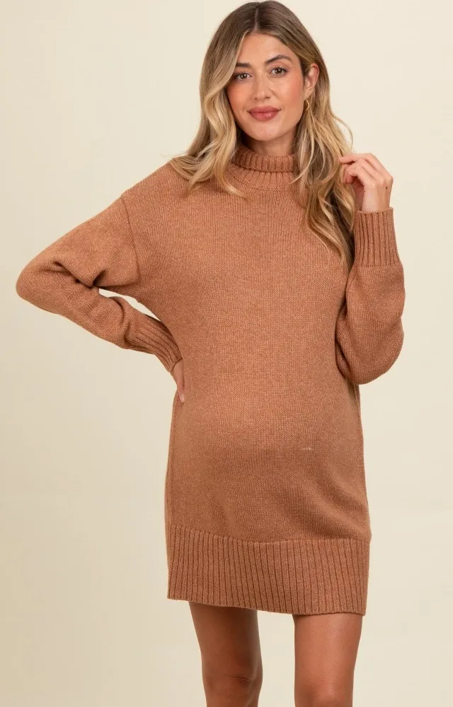 Camel Turtle Neck Maternity Mini Sweater Dress