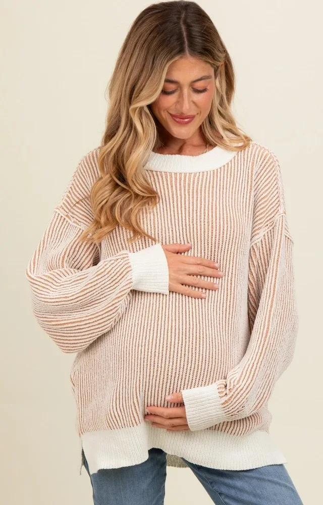 Camel Two Tone Ribbed Knit Maternity Sweater