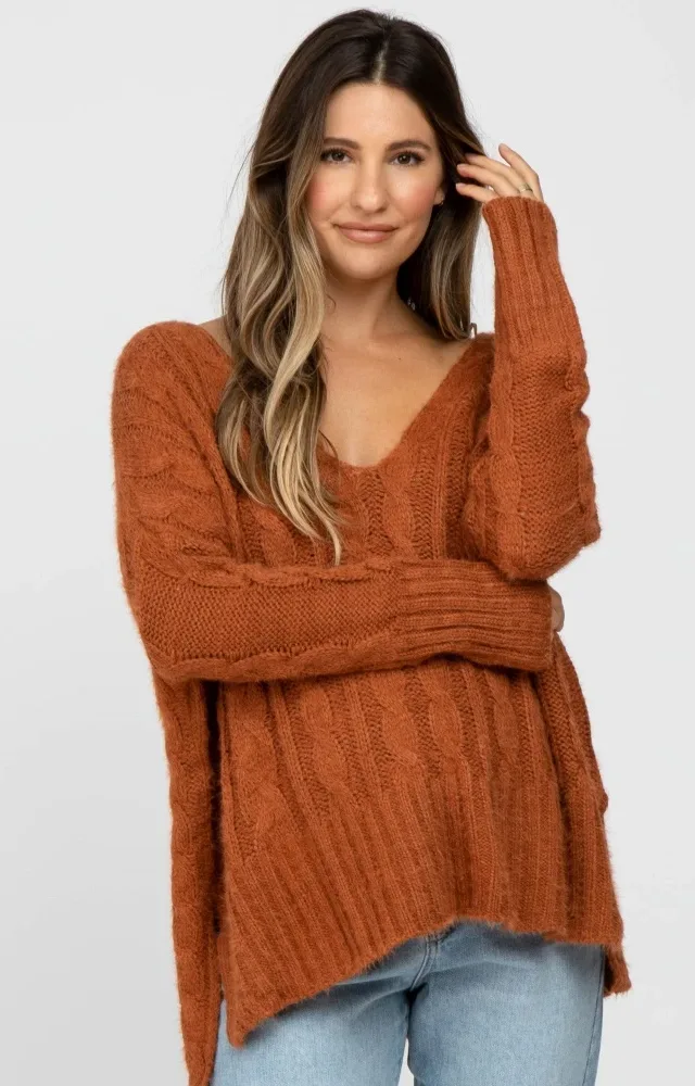 Camel V-Neck Side Slit Cable Knit Maternity Sweater