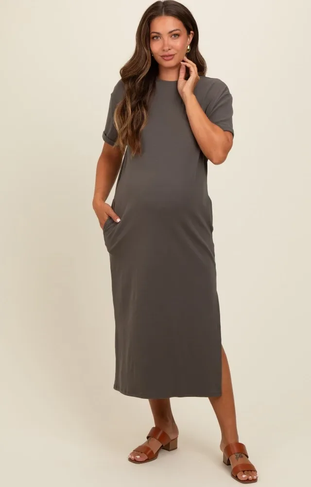 Charcoal Basic Side Slit Maternity Midi Dress