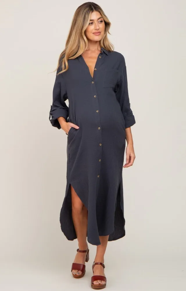 Charcoal Button Down 3/4 Sleeve Maternity Midi Dress