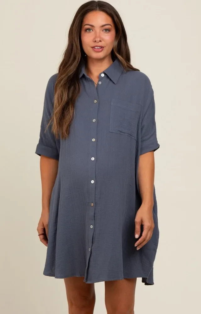 Charcoal Button Down Oversized Maternity Dress