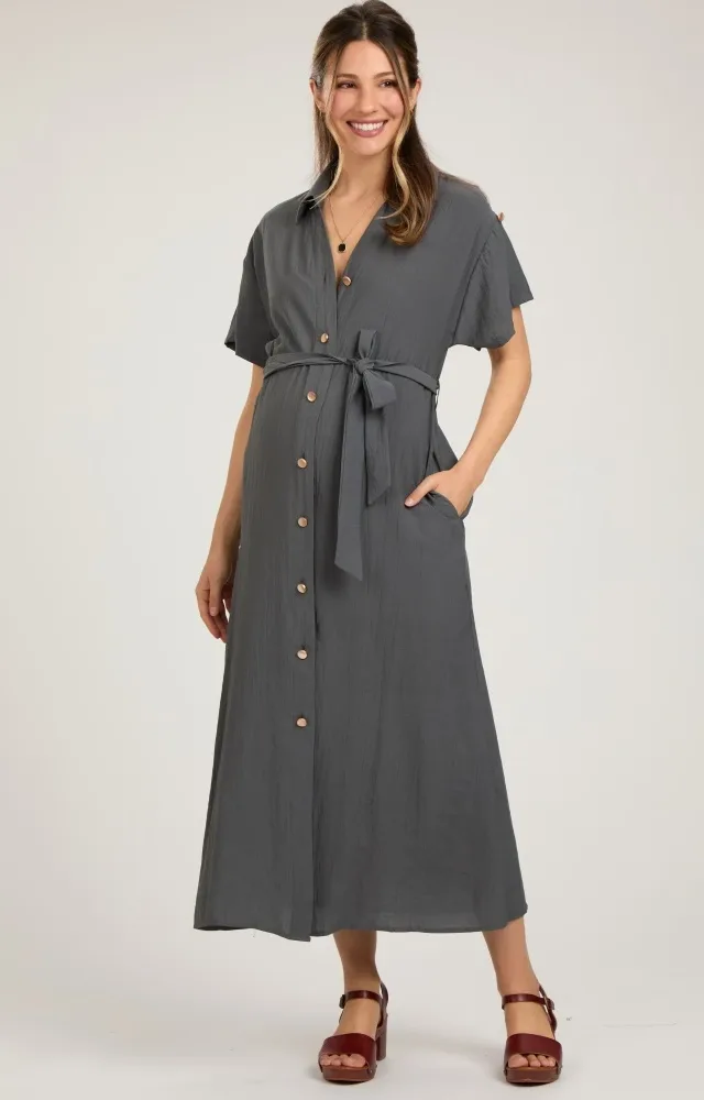 Charcoal Button Front Belted Short Sleeve Maternity Midi Dress