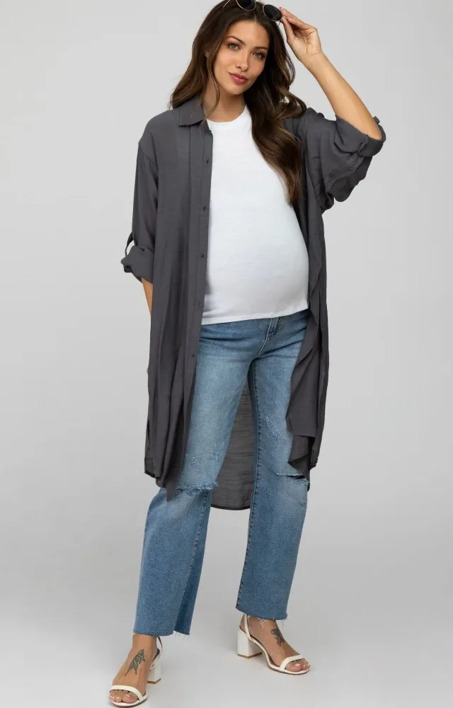 Charcoal Button Side Slit Oversized Maternity Blouse