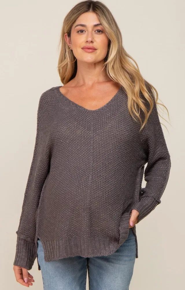 Charcoal Chunky Knit Side Slit Maternity Sweater