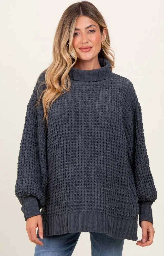 Charcoal Chunky Waffle Knit Maternity Turtleneck Sweater