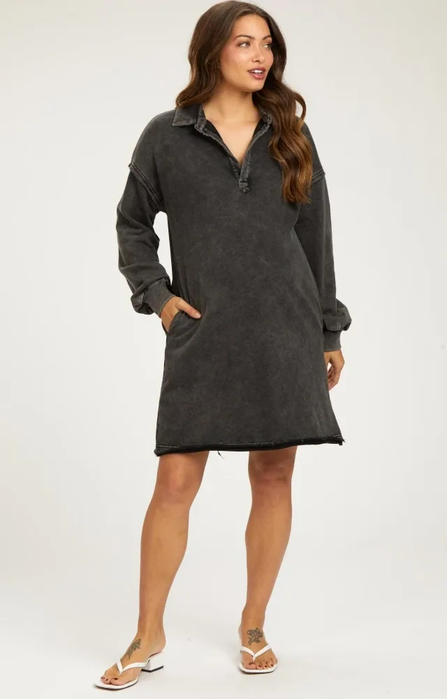 Charcoal Collared French Terry Raw Edge Maternity Dress