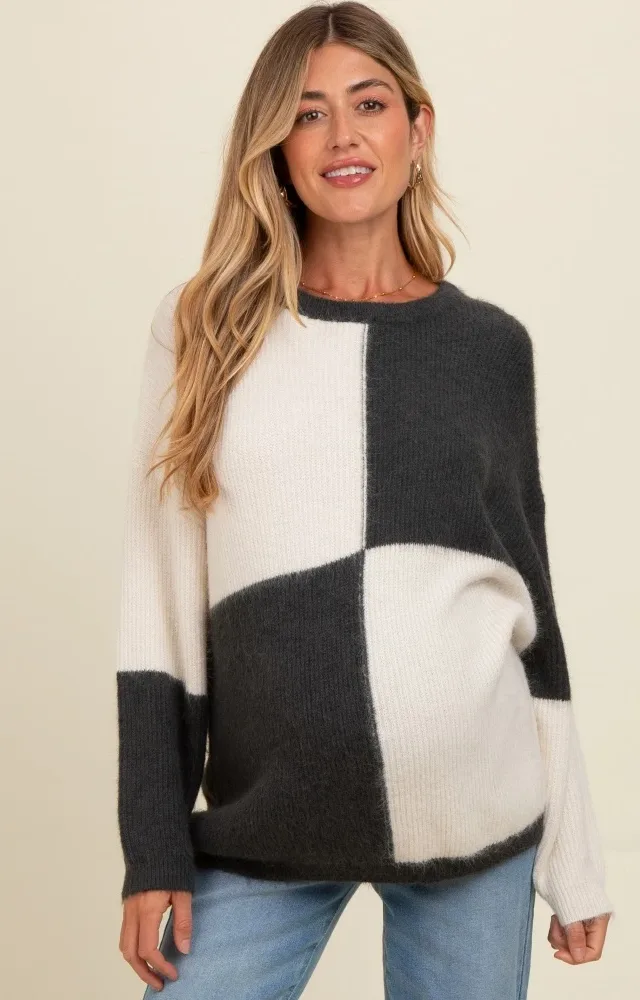 Charcoal Colorblock Checker Print Fuzzy Knit Maternity Sweater