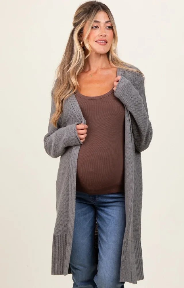 Charcoal Contrast Rib Long Maternity Open Cardigan