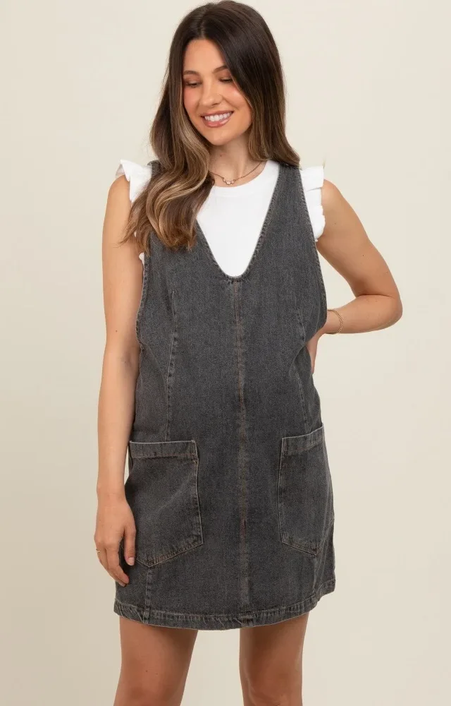 Charcoal Denim Front Pocket Maternity Skirt Overalls