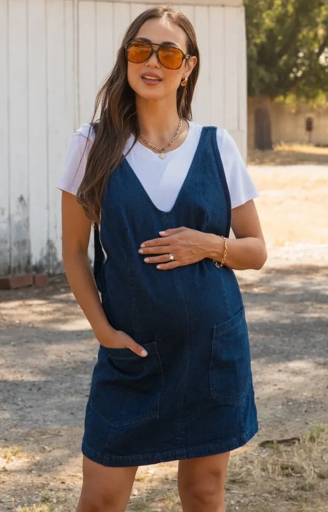 Charcoal Denim Front Pocket Maternity Skirt Overalls