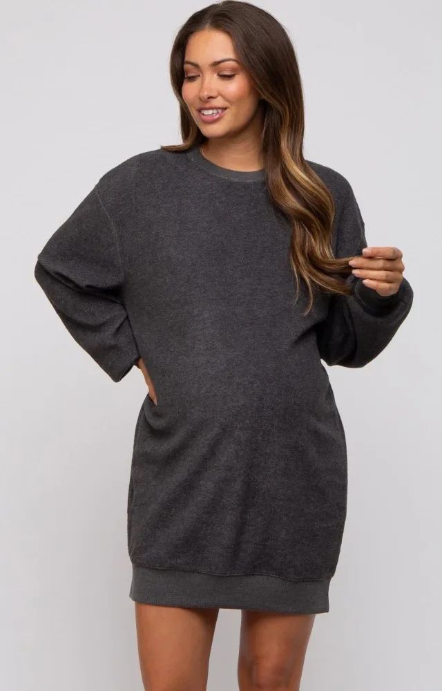 Charcoal Fleece Oversized Maternity Sweatshirt Mini Dress