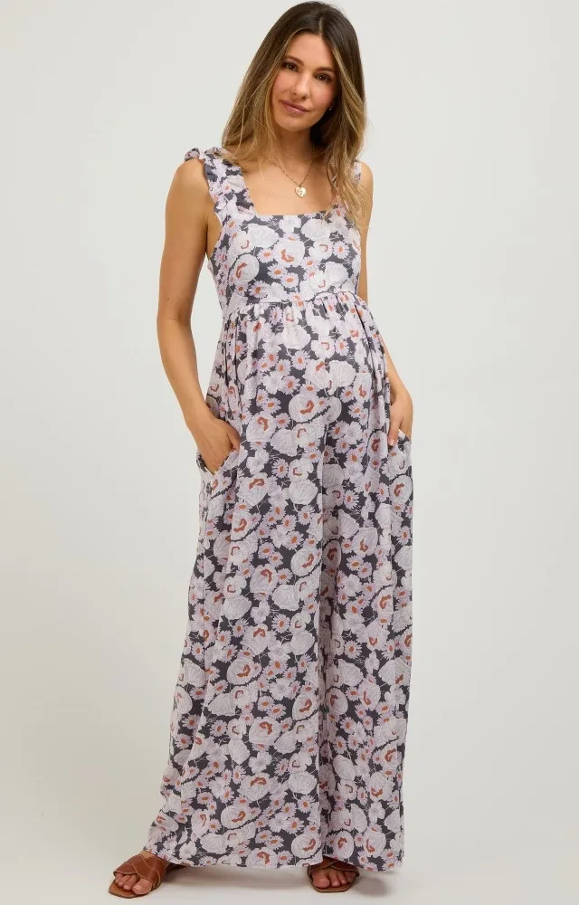 Charcoal Floral Sleeveless Tie Back Maternity Jumpsuit