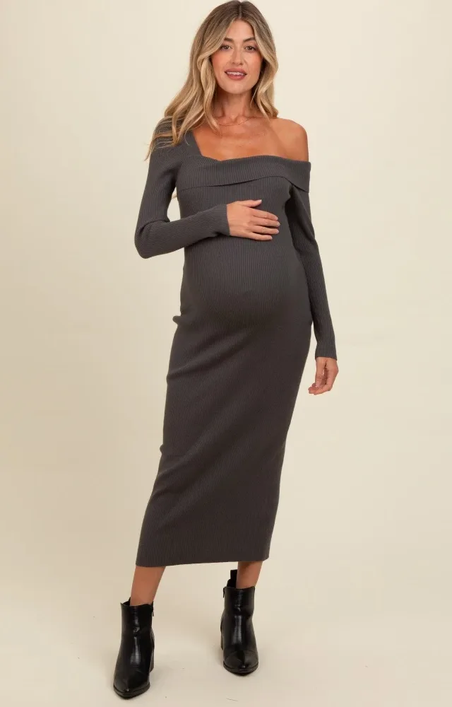 Charcoal Foldover One Shoulder Maternity Maxi Sweater Dress