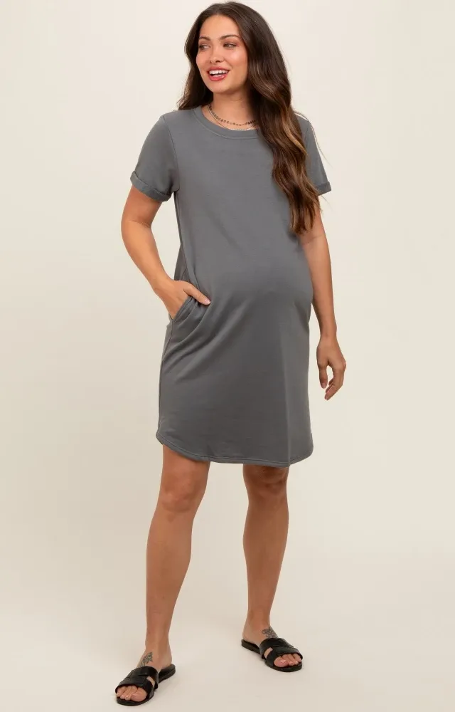 Charcoal French Terry Cuffed Short Sleeve Maternity Dress