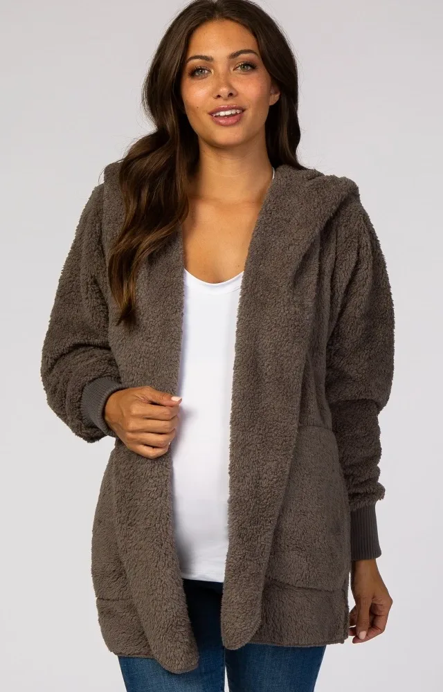 Charcoal Fuzzy Hooded Maternity Jacket