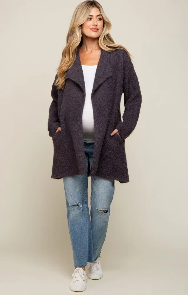 Charcoal Fuzzy Knit Draped Maternity Cardigan