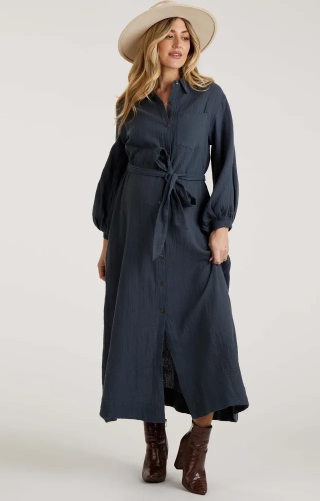 Charcoal Gauze Belted Shirt Maternity Midi Dress