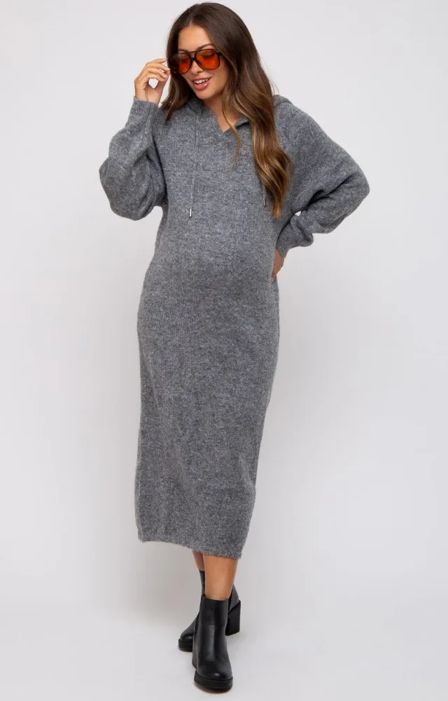 Charcoal Grey Hooded Maternity Sweater Midi Dress