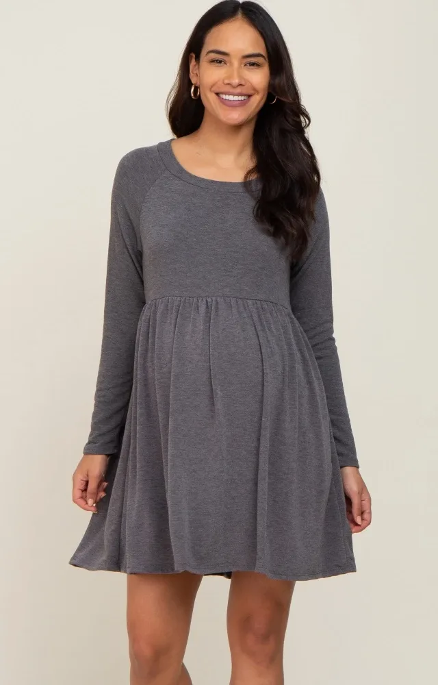 Charcoal Heathered Long Sleeve Maternity Dress