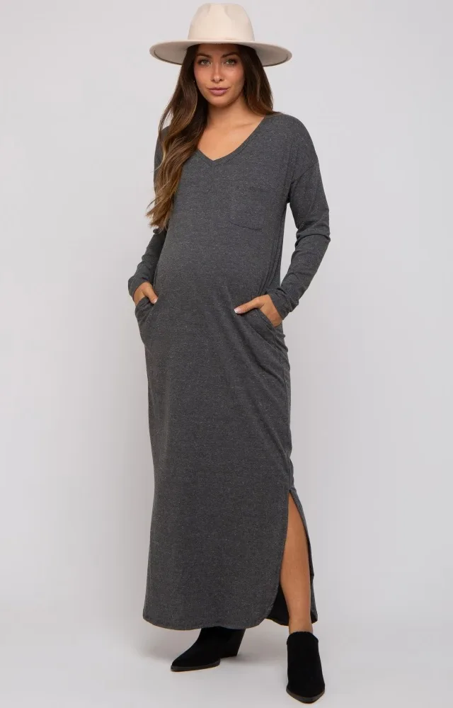 Charcoal Heathered Pocketed Long Sleeve Maternity Maxi Dress