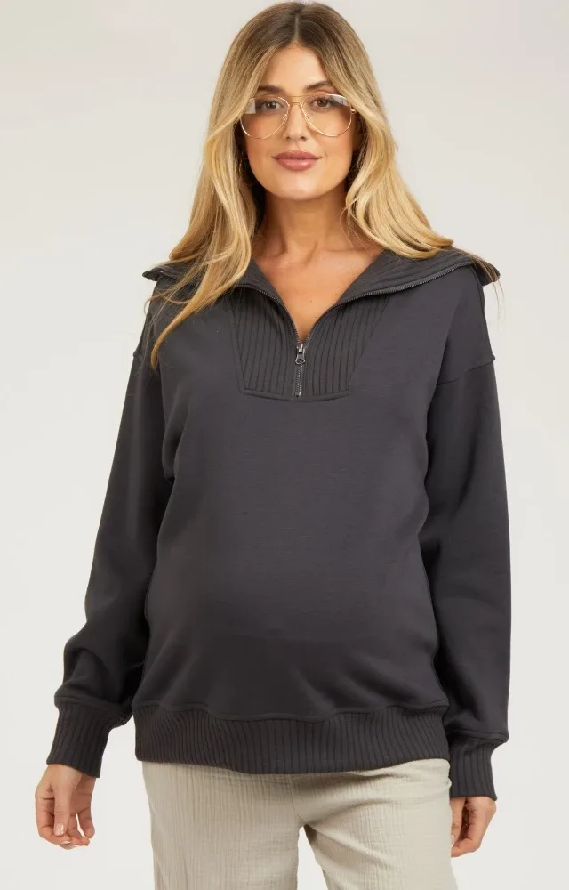 Charcoal High-Neck Maternity Fleece Pullover