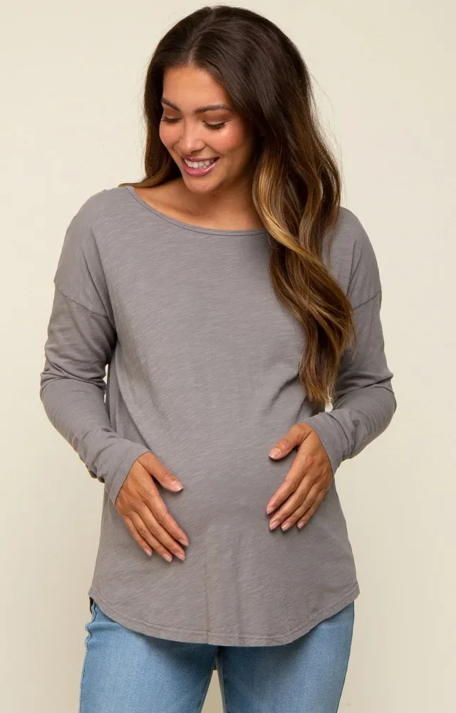 Charcoal Long Sleeve Curved Hem Maternity Top