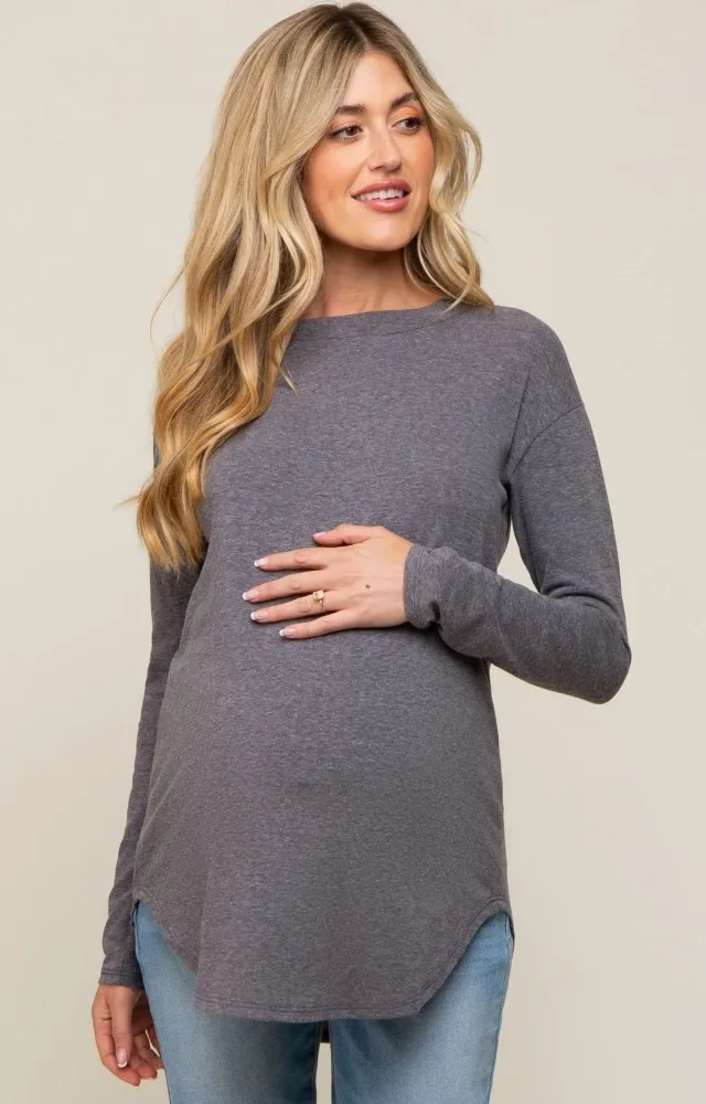 Charcoal Long Sleeve Curved Hem Maternity Top