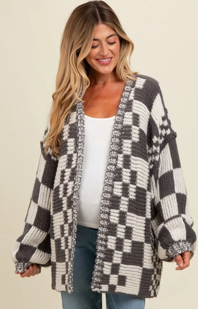 Charcoal Mixed Check Pattern Chunky Maternity Cardigan