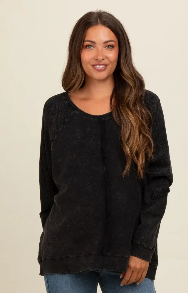 Charcoal Mixed Knit Raw Hem Maternity Pullover Top