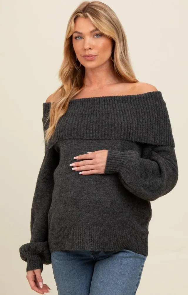 Charcoal Off Shoulder Foldover Maternity Sweater