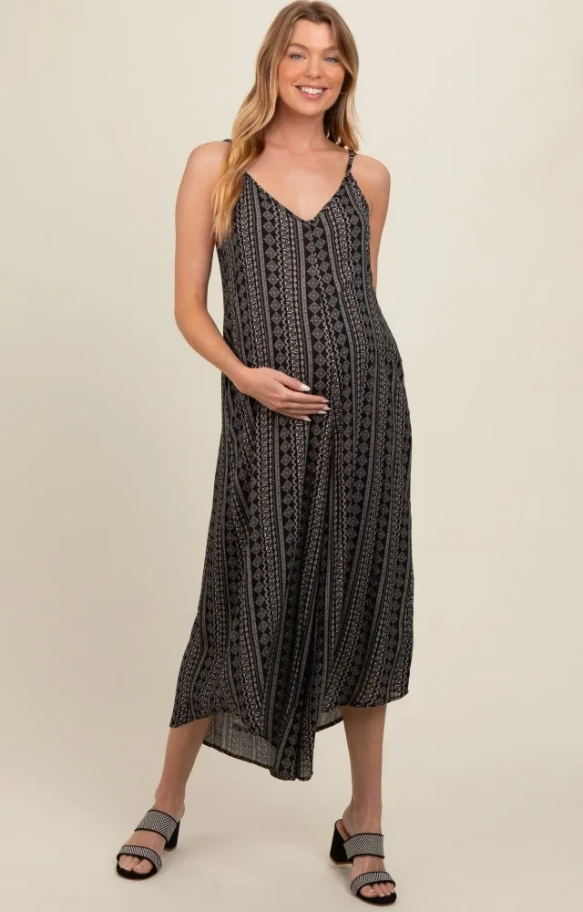 Charcoal Printed Cropped Wide Leg Maternity Jumpsuit