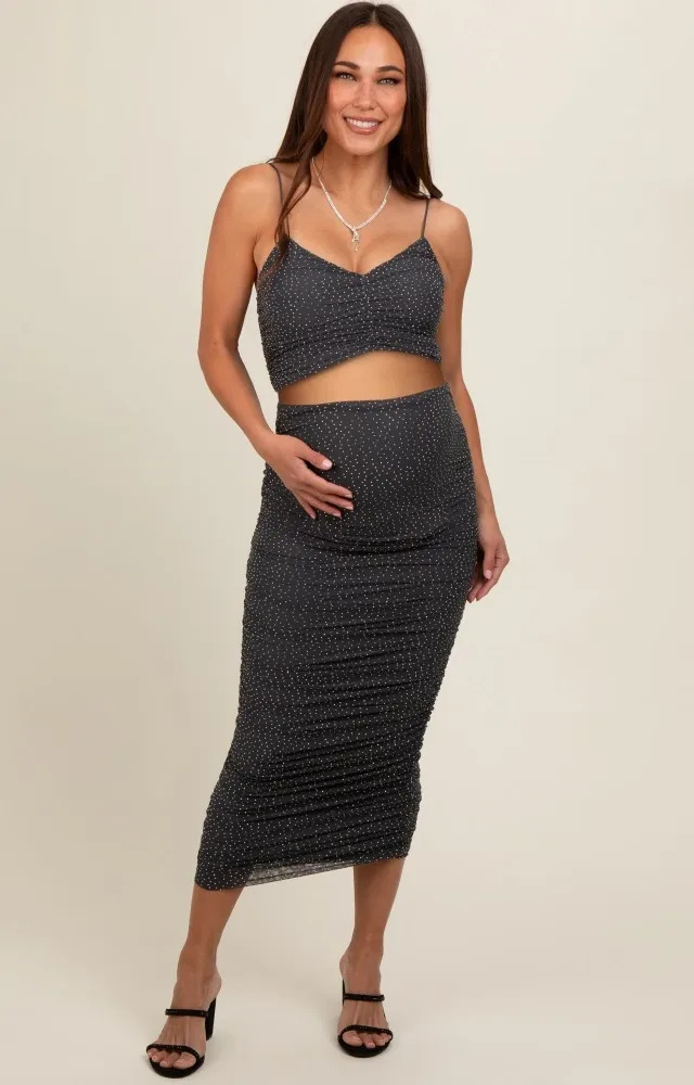 Charcoal Rhinestone Crop Top And Skirt Maternity Set