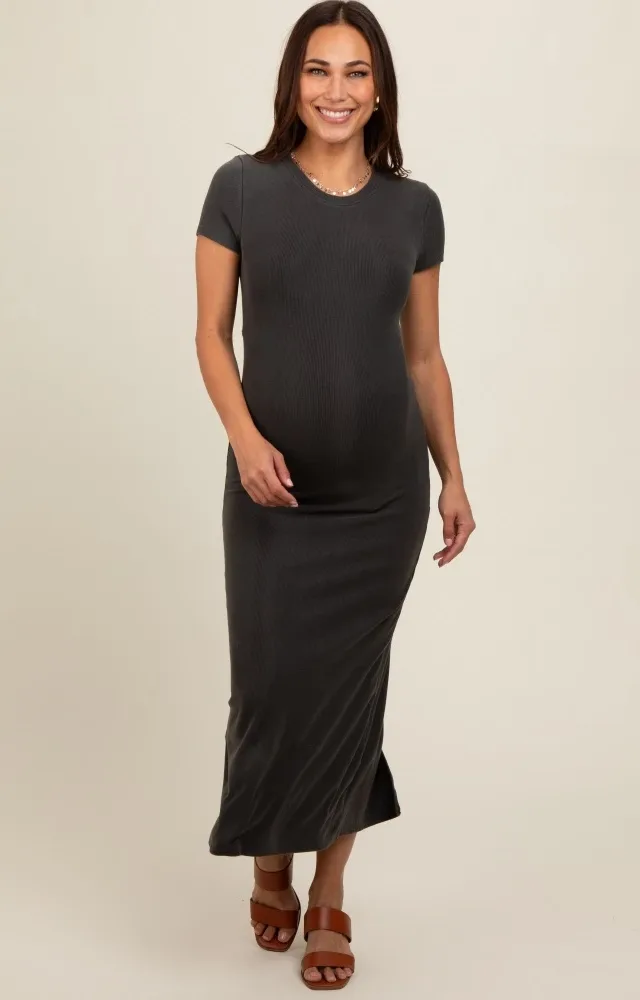 Charcoal Rib Knit Back Slit Maternity Dress