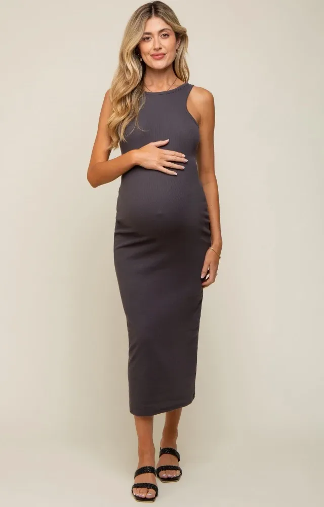 Charcoal Rib Knit Open Back Maternity Maxi Dress