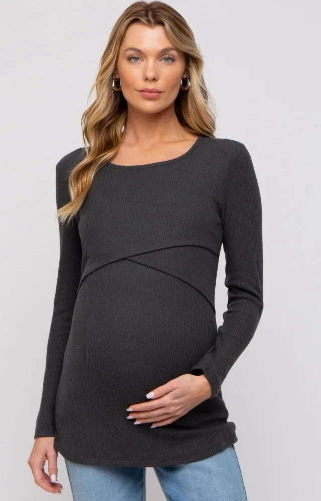 Charcoal Ribbed Crossover Maternity/Nursing Top