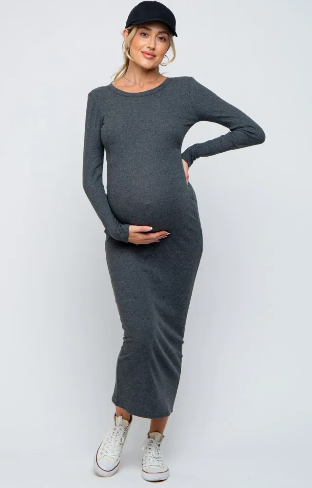 Charcoal Ribbed Fitted Long Sleeve Maternity Dress