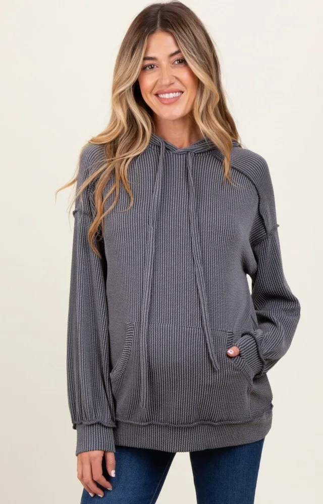 Charcoal Ribbed Front Pocket Maternity Drawstring Hoodie