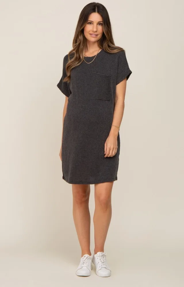 Charcoal Ribbed Front Pocket Short Sleeve Maternity Dress