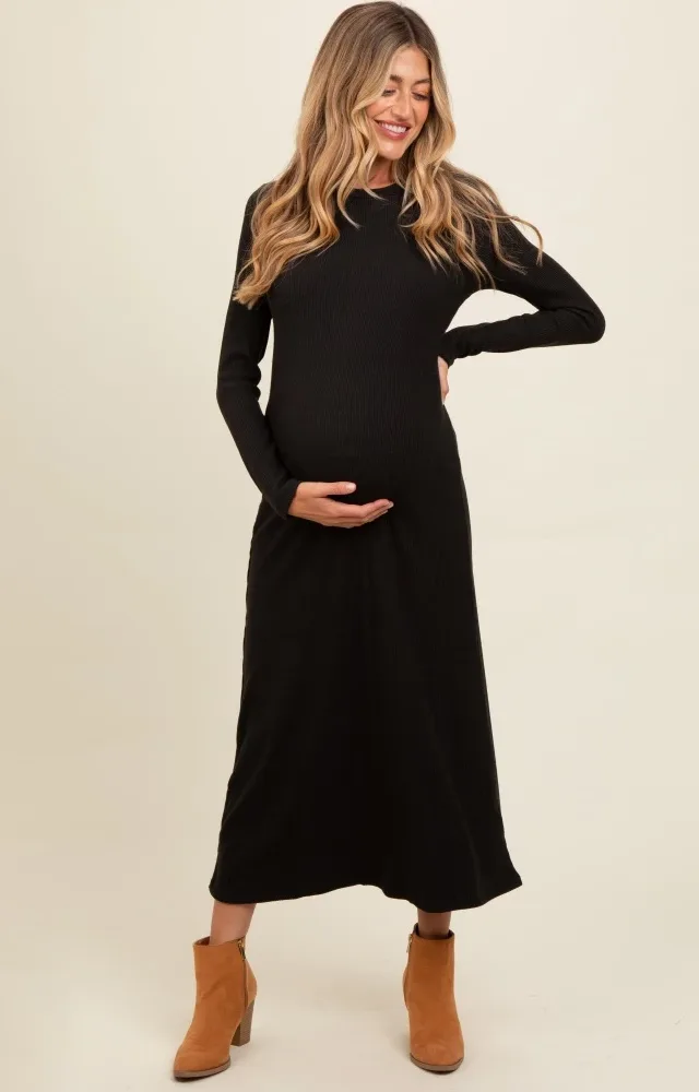 Charcoal Ribbed Knit Side Slit Maternity Midi Dress