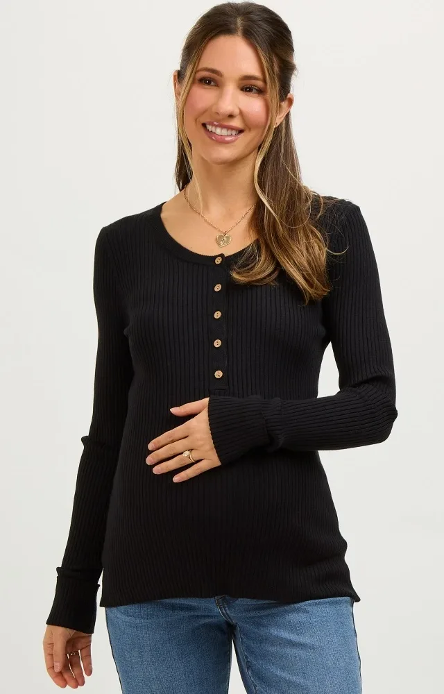 Charcoal Ribbed Maternity Henley Top