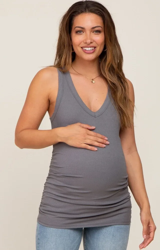 Charcoal Ribbed Ruched Maternity Tank Top