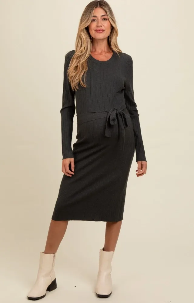 Charcoal Ribbed Sash Tie Maternity Midi Sweater Dress