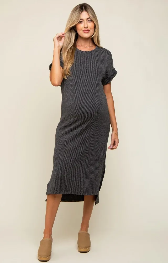 Charcoal Ribbed Short Sleeve Maternity Midi Dress