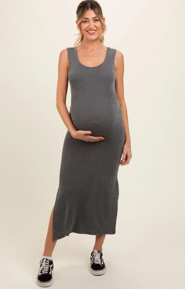 Charcoal Ribbed Side Slit Maternity Maxi Dress