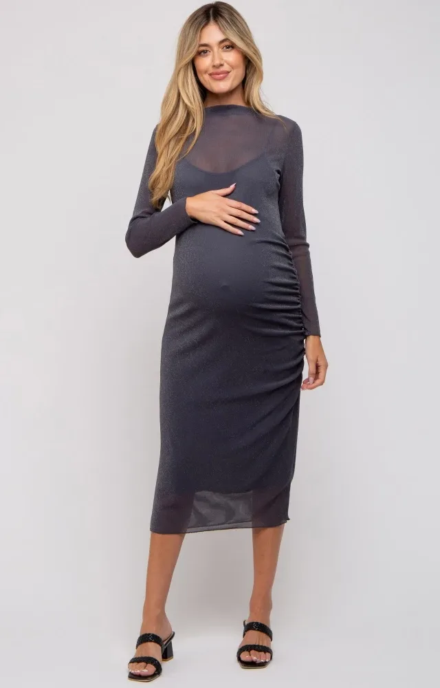 Charcoal Shimmer Mesh Long Sleeve Ruched Maternity Midi Dress