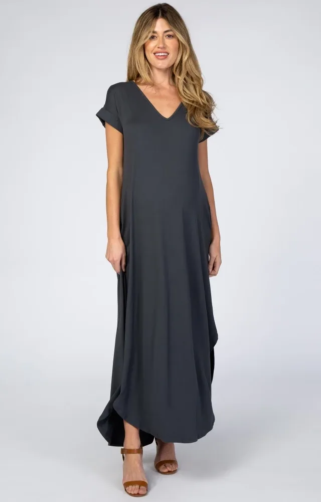 Charcoal Side Slit Maternity Maxi Dress